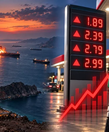 Sol tarafta Hürmüz Boğazı’nda alevler içindeki bir petrol tankeri; sağ tarafta ise akaryakıt pompaları ve yükselen fiyatları gösteren kırmızı grafik bulunan birleşik görsel.