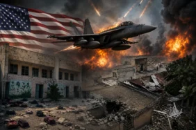 ABD’nin İran’a yönelik saldırılarının sonuçlarını gösteren temsili görsel; hasar gören okul ve Kuhestek’teki düğün alanının yanı sıra yıkılmış binalar, patlamalar, Amerikan savaş uçağı ve ABD bayrağı görülüyor.
