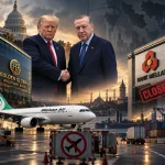 Donald Trump ve Recep Tayyip Erdoğan’ın el sıkışmasını, Mahan Air uçağını, Bank Mellat ve Golden Global binalarını bir araya getiren sembolik görsel; Türkiye’de İran bağlantılı finans, bankacılık ve ulaşım kanalları üzerindeki artan baskıyı yansıtıyor. ChatGPT can make mistakes. Check important info.