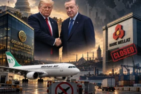 Donald Trump ve Recep Tayyip Erdoğan’ın el sıkışmasını, Mahan Air uçağını, Bank Mellat ve Golden Global binalarını bir araya getiren sembolik görsel; Türkiye’de İran bağlantılı finans, bankacılık ve ulaşım kanalları üzerindeki artan baskıyı yansıtıyor. ChatGPT can make mistakes. Check important info.