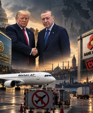 Donald Trump ve Recep Tayyip Erdoğan’ın el sıkışmasını, Mahan Air uçağını, Bank Mellat ve Golden Global binalarını bir araya getiren sembolik görsel; Türkiye’de İran bağlantılı finans, bankacılık ve ulaşım kanalları üzerindeki artan baskıyı yansıtıyor. ChatGPT can make mistakes. Check important info.