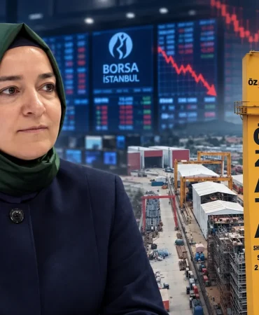 Türkiye’deki yatırım fonu krizine ilişkin haberde, Fatma Betül Sayan Kaya’nın portresi ile düşüş grafikleri görülen Borsa İstanbul ekranları ve Özata Tersanesi’nin birlikte yer aldığı temsili görsel.