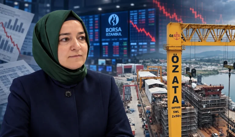 Türkiye’deki yatırım fonu krizine ilişkin haberde, Fatma Betül Sayan Kaya’nın portresi ile düşüş grafikleri görülen Borsa İstanbul ekranları ve Özata Tersanesi’nin birlikte yer aldığı temsili görsel.