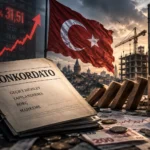 Türkiye ekonomisindeki finansal baskıları simgeleyen görsel; konkordato dosyası, şirket iflasları, yükselen enflasyon ve faizler ile Türk bayrağı ve inşaat sektörü, şirketlerin artan likidite sorunlarını ve ekonomik kırılganlığı yansıtıyor.