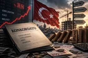 Türkiye ekonomisindeki finansal baskıları simgeleyen görsel; konkordato dosyası, şirket iflasları, yükselen enflasyon ve faizler ile Türk bayrağı ve inşaat sektörü, şirketlerin artan likidite sorunlarını ve ekonomik kırılganlığı yansıtıyor.