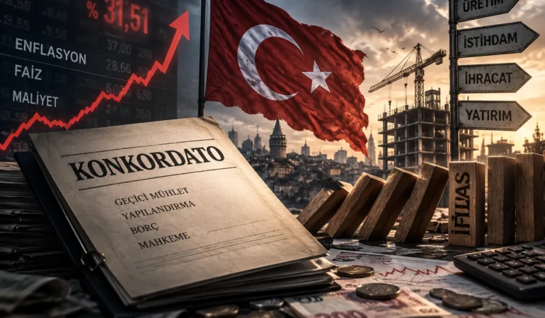 Türkiye ekonomisindeki finansal baskıları simgeleyen görsel; konkordato dosyası, şirket iflasları, yükselen enflasyon ve faizler ile Türk bayrağı ve inşaat sektörü, şirketlerin artan likidite sorunlarını ve ekonomik kırılganlığı yansıtıyor.