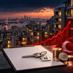 İstanbul’daki konutlar, yükselen fiyat grafiği, ev anahtarı, kira sözleşmesi ve Türk lirası madeni paralarıyla Türkiye’deki kira artışını ve konut enflasyonunu gösteren poster.