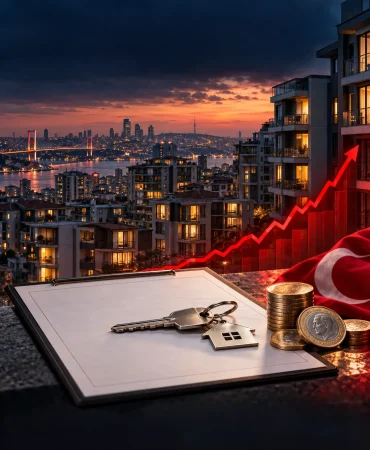 İstanbul’daki konutlar, yükselen fiyat grafiği, ev anahtarı, kira sözleşmesi ve Türk lirası madeni paralarıyla Türkiye’deki kira artışını ve konut enflasyonunu gösteren poster.