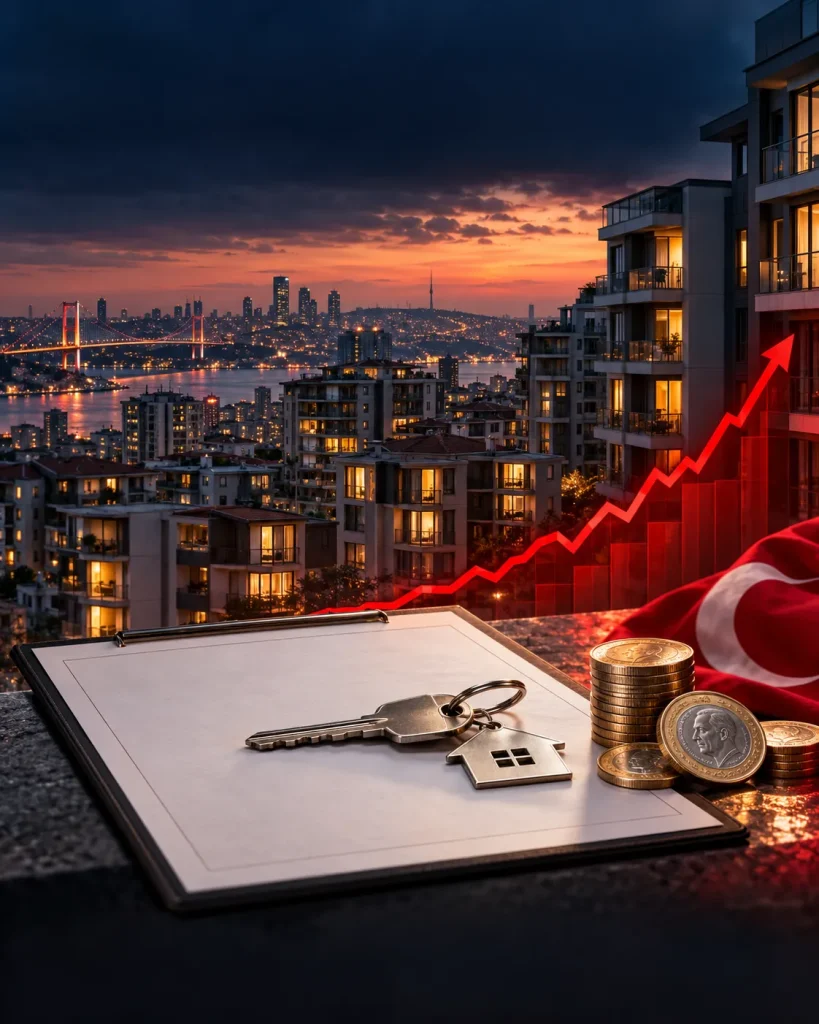 İstanbul’daki konutlar, yükselen fiyat grafiği, ev anahtarı, kira sözleşmesi ve Türk lirası madeni paralarıyla Türkiye’deki kira artışını ve konut enflasyonunu gösteren poster.