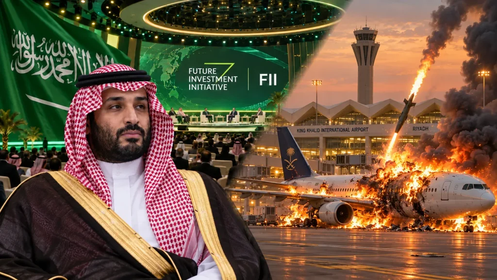 Yapay zekâyla oluşturulmuş görsel; Suudi Arabistan bayrağı ve FII konferans salonu önünde Muhammed bin Selman, yanında Riyad Havalimanı’ndaki bir uçağa füze isabet etmesini ve uçağın yanmasını gösteren kurgusal canlandırma.