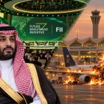 Yapay zekâyla oluşturulmuş görsel; Suudi Arabistan bayrağı ve FII konferans salonu önünde Muhammed bin Selman, yanında Riyad Havalimanı’ndaki bir uçağa füze isabet etmesini ve uçağın yanmasını gösteren kurgusal canlandırma.