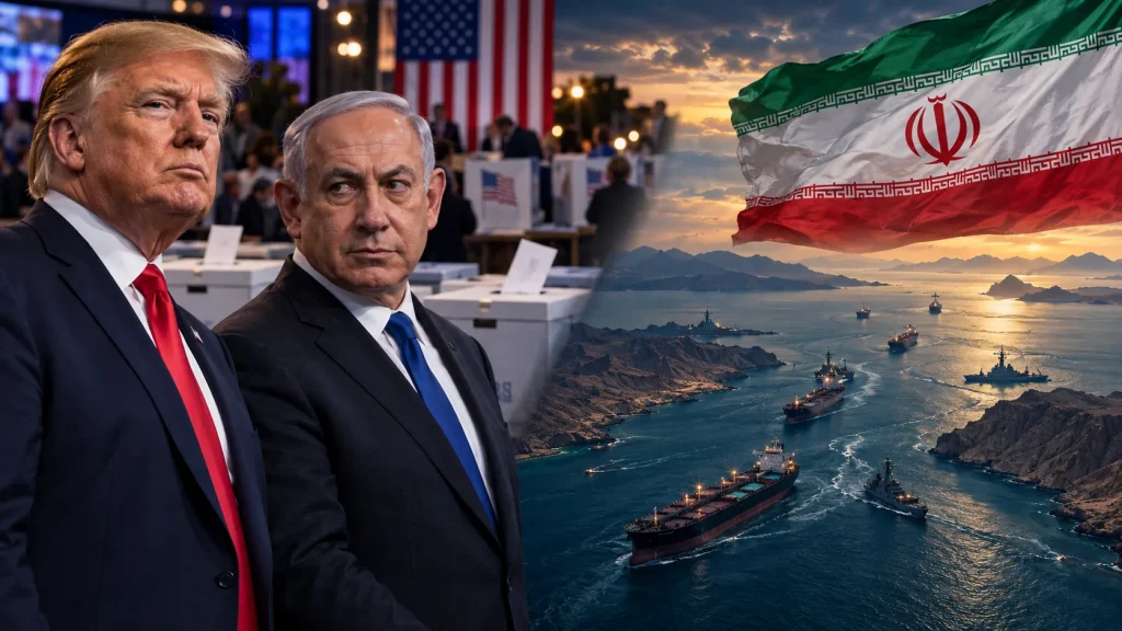 Donald Trump ve Binyamin Netanyahu’yu seçim sandıklarının önünde; İran bayrağı ve Hürmüz Boğazı’ndan geçen gemilerle birlikte gösteren, İran savaşının ve enerji krizinin ABD ile İsrail seçimlerine etkisini simgeleyen birleşik görsel.