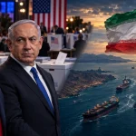 Donald Trump ve Binyamin Netanyahu’yu seçim sandıklarının önünde; İran bayrağı ve Hürmüz Boğazı’ndan geçen gemilerle birlikte gösteren, İran savaşının ve enerji krizinin ABD ile İsrail seçimlerine etkisini simgeleyen birleşik görsel.