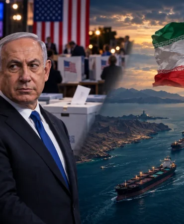 Donald Trump ve Binyamin Netanyahu’yu seçim sandıklarının önünde; İran bayrağı ve Hürmüz Boğazı’ndan geçen gemilerle birlikte gösteren, İran savaşının ve enerji krizinin ABD ile İsrail seçimlerine etkisini simgeleyen birleşik görsel.