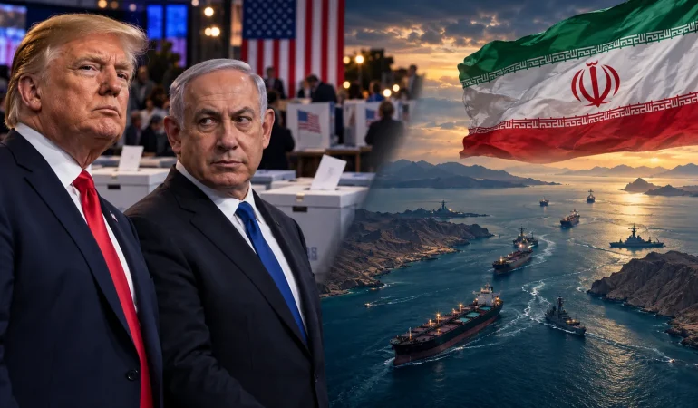 Donald Trump ve Binyamin Netanyahu’yu seçim sandıklarının önünde; İran bayrağı ve Hürmüz Boğazı’ndan geçen gemilerle birlikte gösteren, İran savaşının ve enerji krizinin ABD ile İsrail seçimlerine etkisini simgeleyen birleşik görsel.