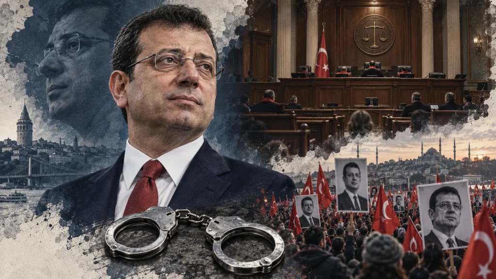 Ekrem İmamoğlu’nun portresini, ön plandaki kelepçeleri, mahkeme salonunu ve Türk bayraklarıyla onun posterlerini taşıyan protestocuları birleştiren yapay zekâ üretimi görsel.