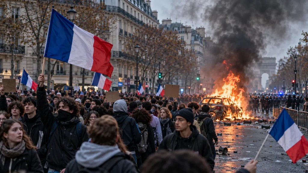 Paris’in bir caddesinde Fransız bayrakları taşıyan öğrencilerin geniş katılımlı protestosu; arka planda alevler içinde yanan bir araç ve bölgede konuşlanan polis güçleri görülüyor.