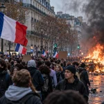 Paris’in bir caddesinde Fransız bayrakları taşıyan öğrencilerin geniş katılımlı protestosu; arka planda alevler içinde yanan bir araç ve bölgede konuşlanan polis güçleri görülüyor.