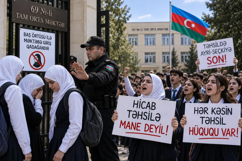 Azerbaycan'da okullardaki başörtüsü yasağına karşı öğrenci protestolarını konu alan temsili görsel. Güvenlik görevlisi başörtülü kız öğrencilerin okula girişini engellerken protestocu öğrenciler, “Başörtüsü eğitime engel değildir” ve “Herkesin eğitim hakkı vardır” sloganlarıyla eğitimde ayrımcılığa son verilmesini talep ediyor.