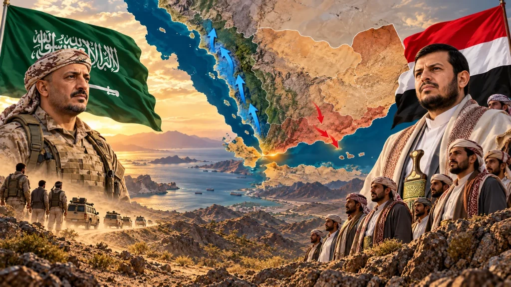 Yemen ve Suudi Arabistan bayrakları ile Babülmendep çevresindeki ilerleme ve geri çekilme hatlarını gösteren harita eşliğinde, Abdülmelik el-Husi liderliğindeki Ensarullah güçleri ile Suudi Arabistan destekli Yemen güçlerinin karşı karşıya gelişini betimleyen temsili görsel.