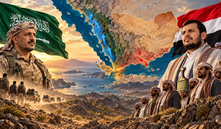 Yemen ve Suudi Arabistan bayrakları ile Babülmendep çevresindeki ilerleme ve geri çekilme hatlarını gösteren harita eşliğinde, Abdülmelik el-Husi liderliğindeki Ensarullah güçleri ile Suudi Arabistan destekli Yemen güçlerinin karşı karşıya gelişini betimleyen temsili görsel.